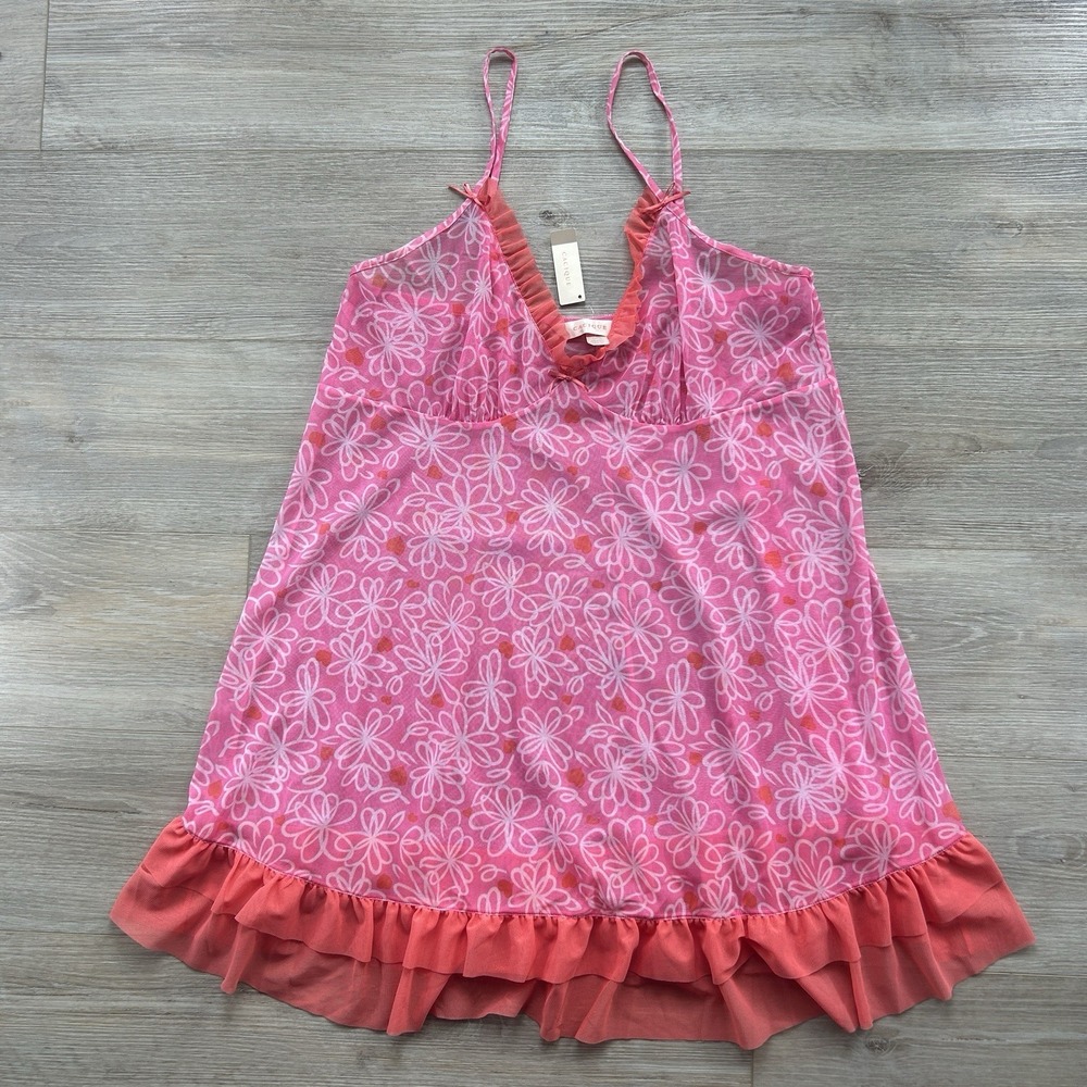 NWT Cacique Gown Womens 14/16 Pink Floral Mesh Ruffle Hem Hearts Coquette Sleep